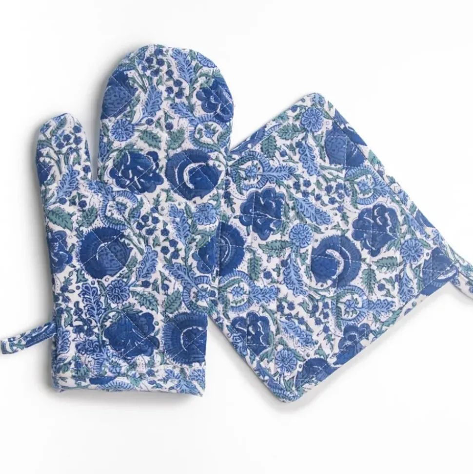 Bohemian Floral Azure Blue & Aqua Oven Mitt Set