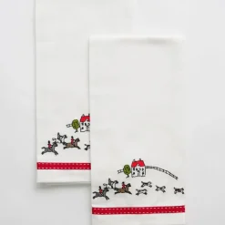 Embroidered Hunt Scene Red Ribbon Tea Towels