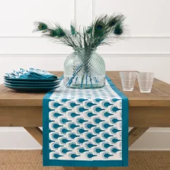 Geo Feather Teal Table Runner