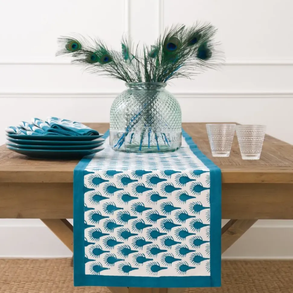 Geo Feather Teal Table Runner