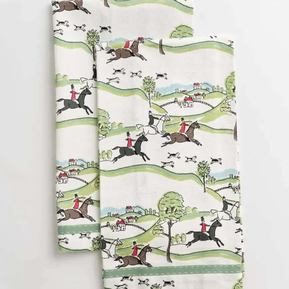 Hunt Scene Green Ribbon Tea Towels