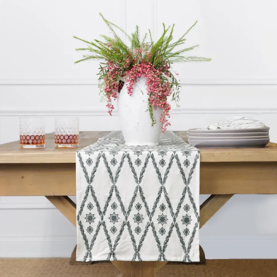 India Hicks Home Embroidered Diamond Blue Table Runner