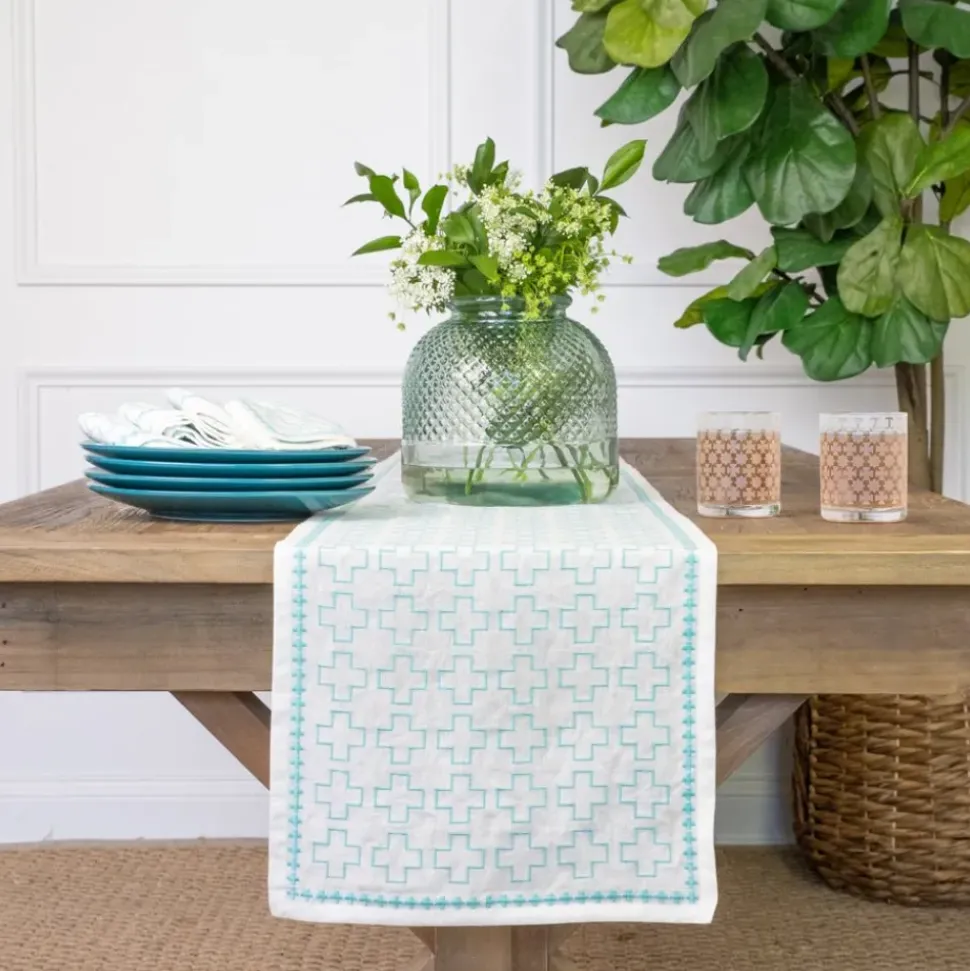 India Hicks Home Embroidered Grand Cross Palladian Blue Table Runner