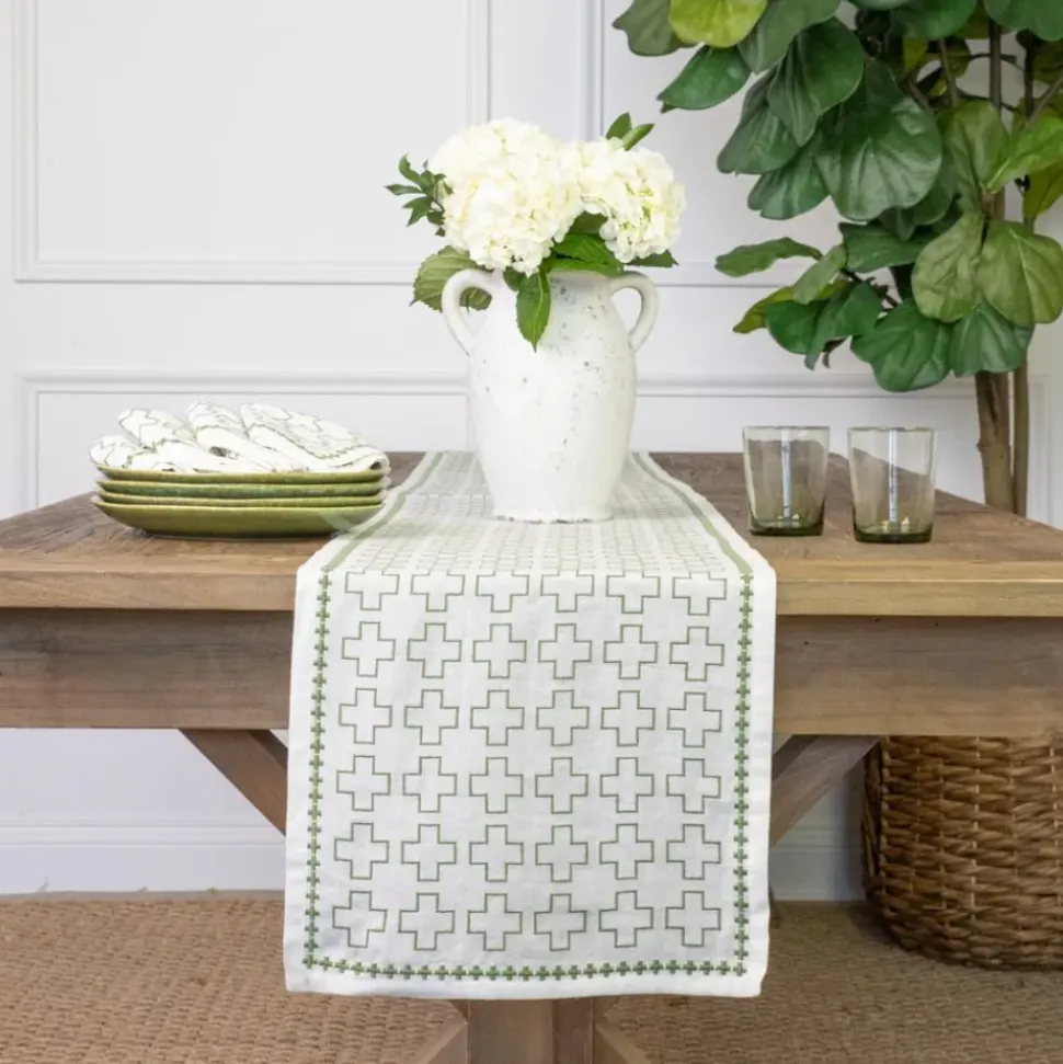 India Hicks Home Embroidered Grand Cross Soft Sage Table Runner