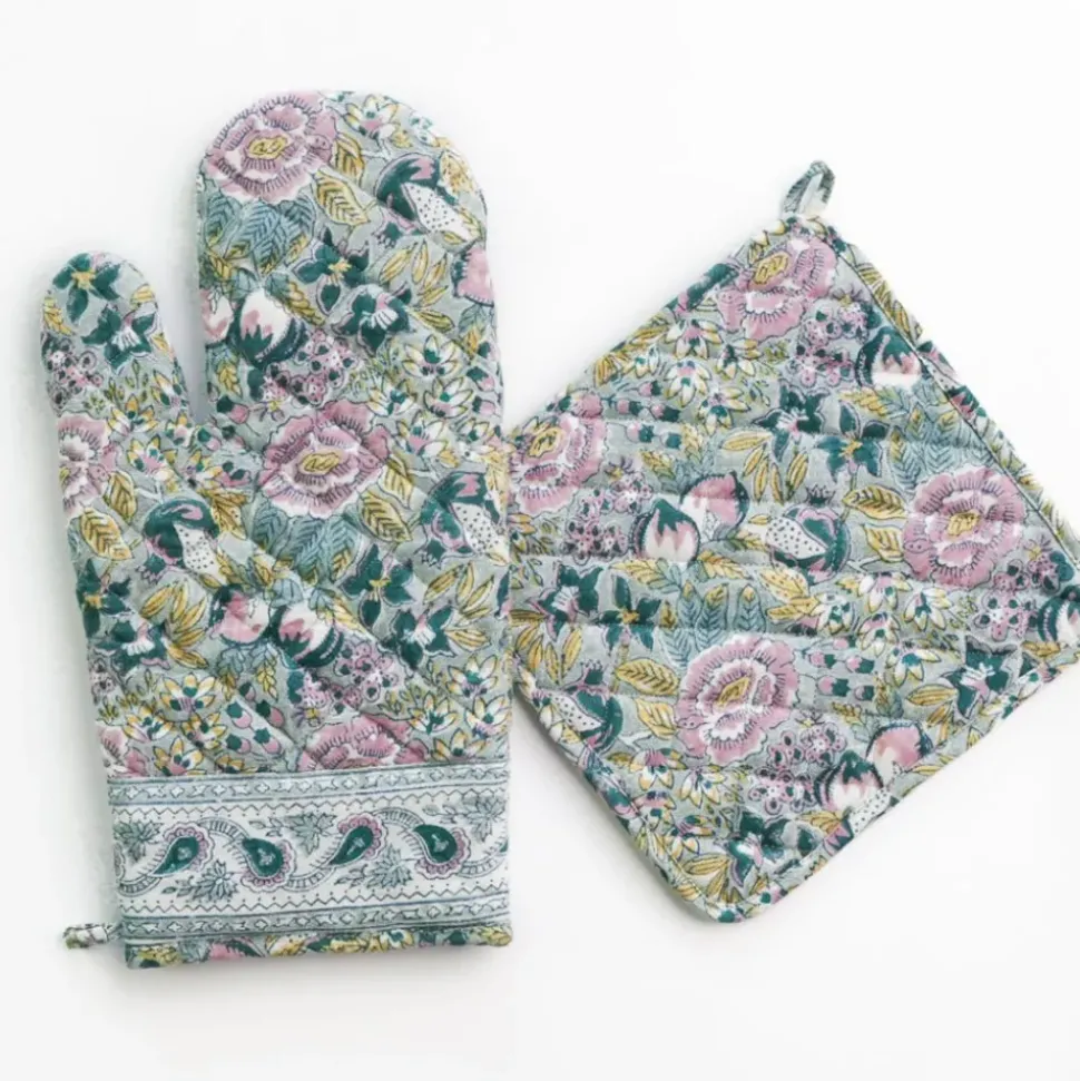 Pomegranate Garden Teal & Lilac Oven Mitt Set