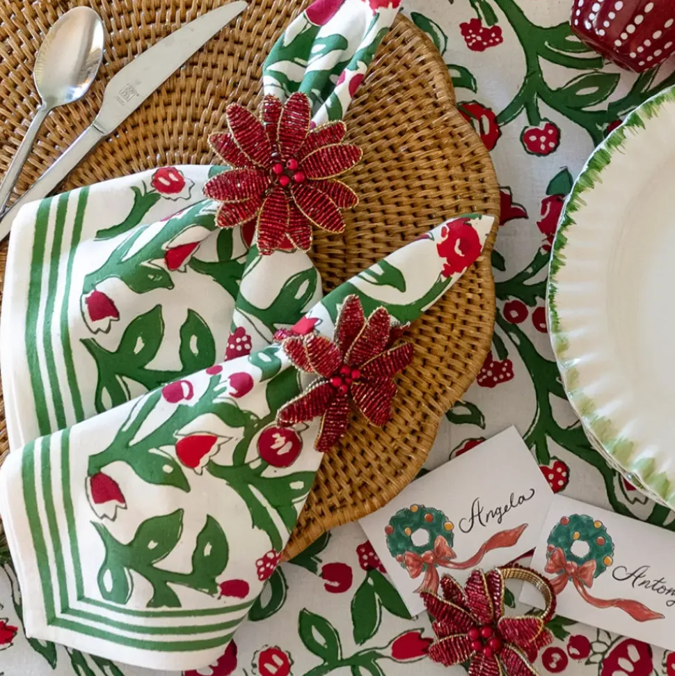 Red Flower Beaded Napkin Ring | Set of 4