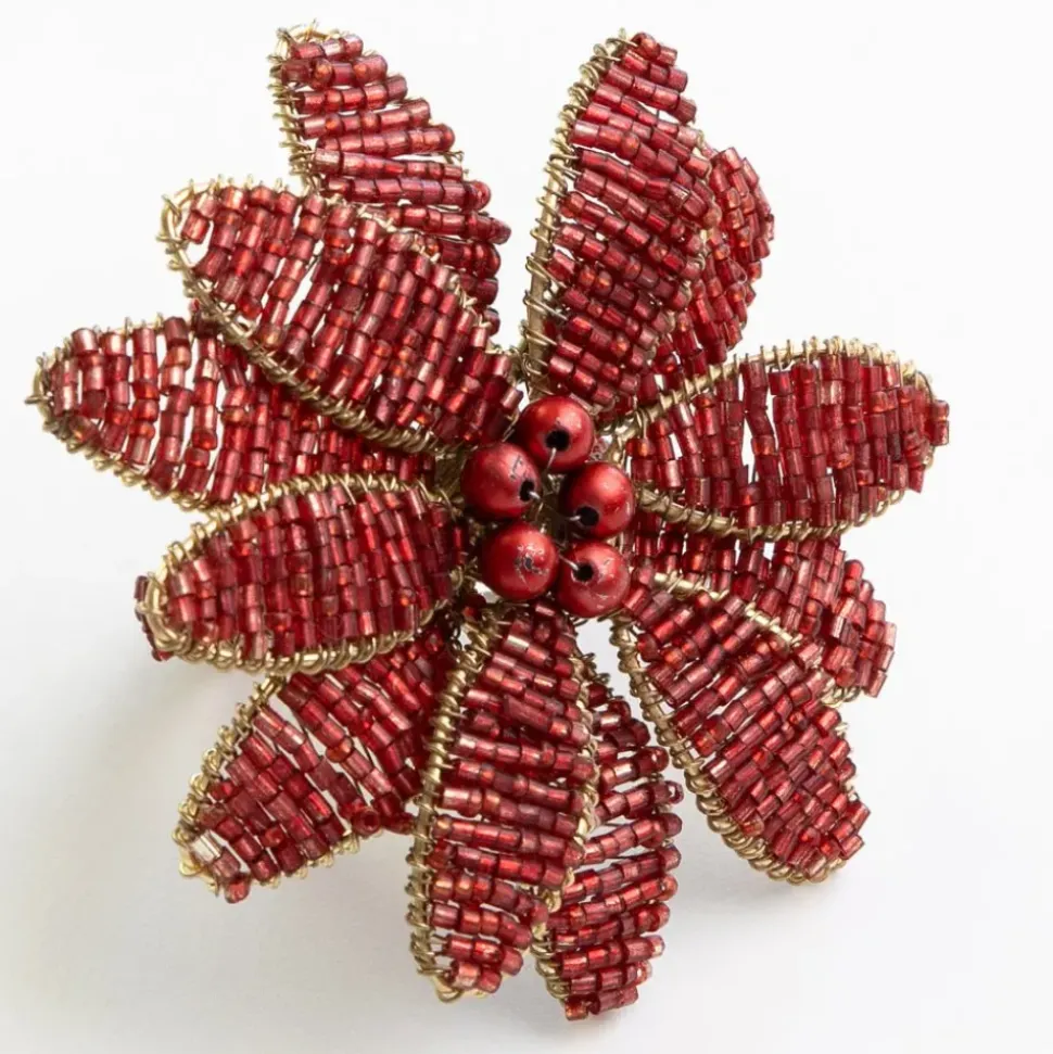 Red Flower Beaded Napkin Ring | Set of 4