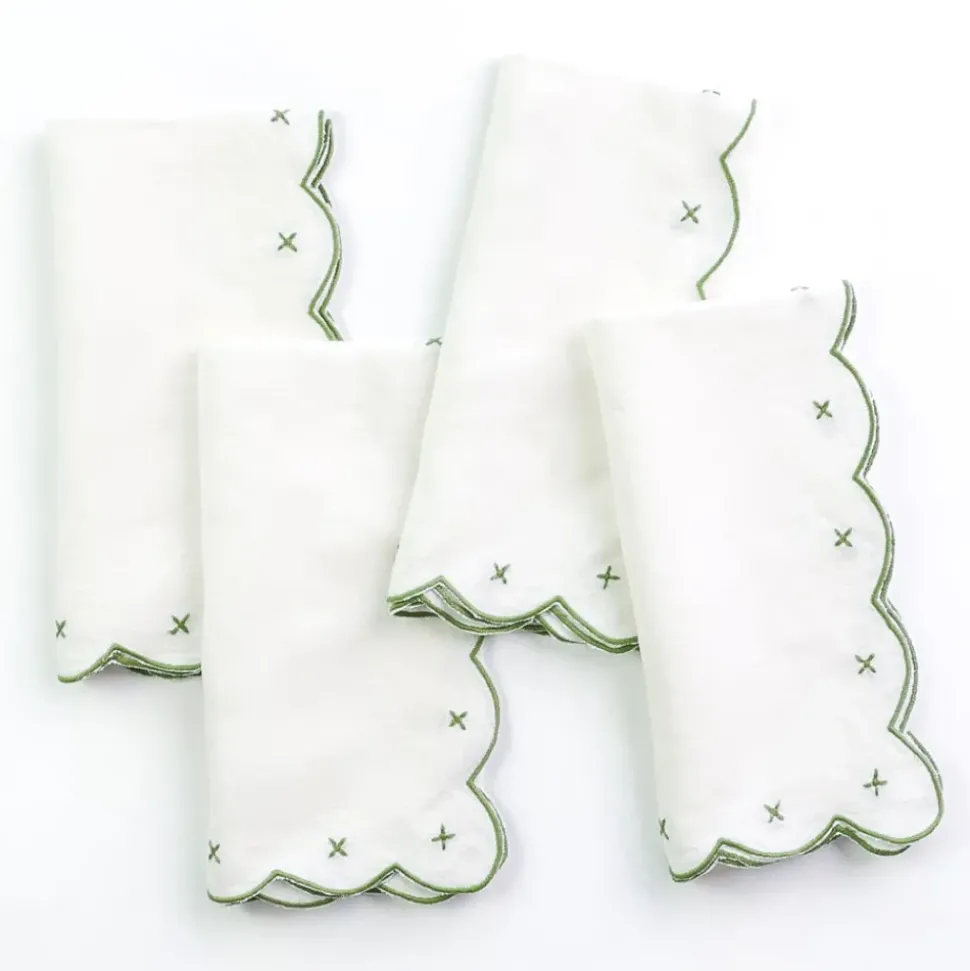 Scalloped Knot Green Embroidered Linen Napkin | Set of 4