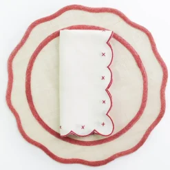 Scalloped Knot Red Embroidered Linen Napkin | Set of 4