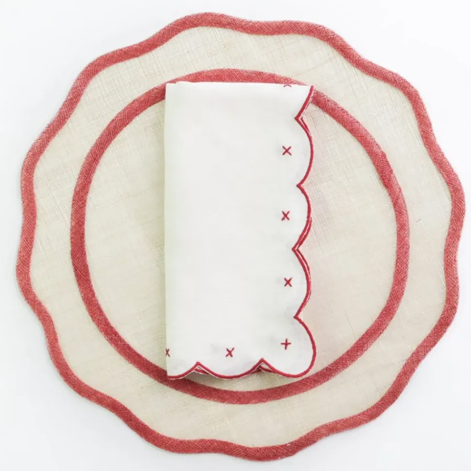 Scalloped Knot Red Embroidered Linen Napkin | Set of 4
