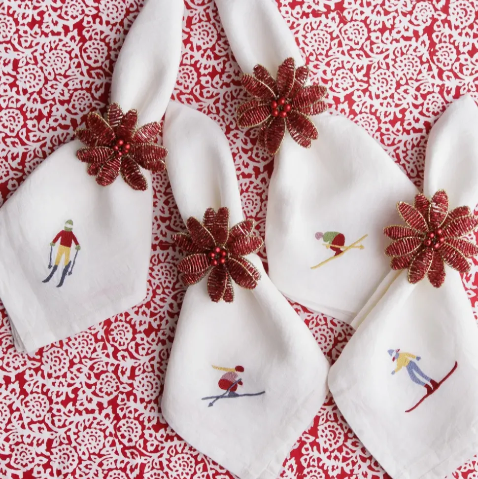 Skiers Embroidered Linen Napkin | Set of 4