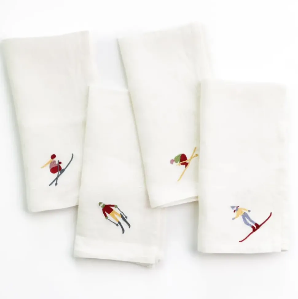 Skiers Embroidered Linen Napkin | Set of 4