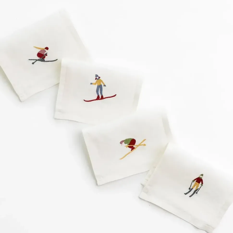 Skiers Embroidered Linen Cocktail Napkin | Set of 4