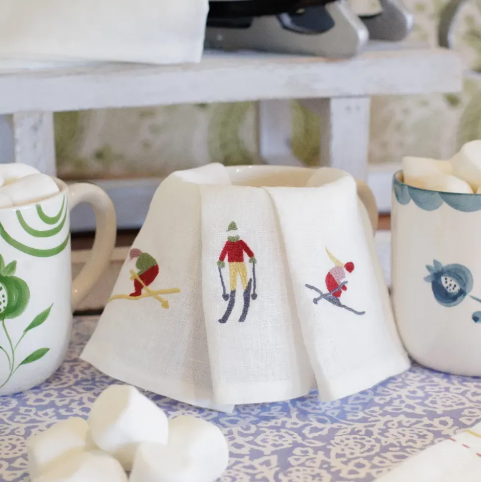 Skiers Embroidered Linen Cocktail Napkin | Set of 4