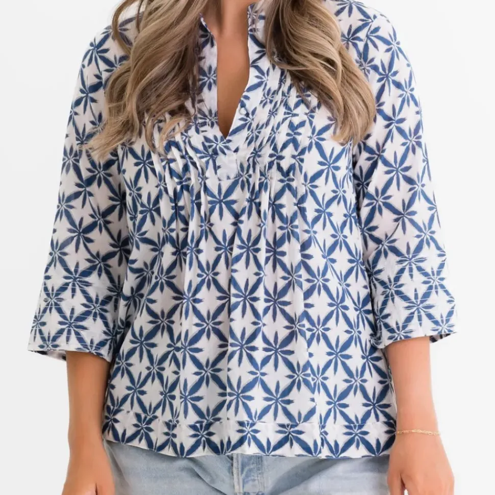 Starburst Flower Navy Pintuck Blouse