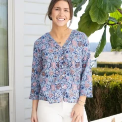 Taj Floral Blue Flange Button Blouse
