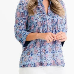 Taj Floral Blue Pintuck Blouse