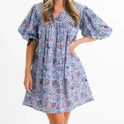 Taj Floral Blue Split Neck Shift Dress