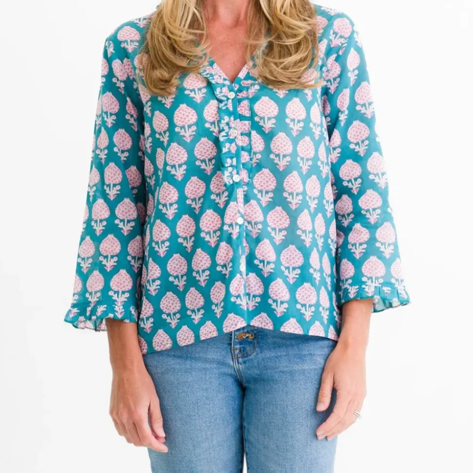 Teal Pom Flower Flange Button Blouse