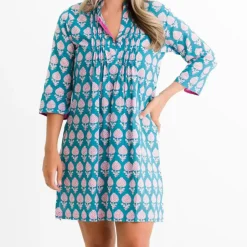 Teal Pom Flower Pintuck Shift Dress