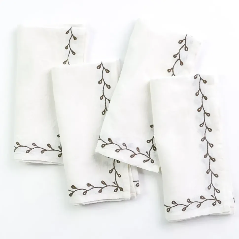 Twig & Bud Brown Embroidered Linen Napkin | Set of 4