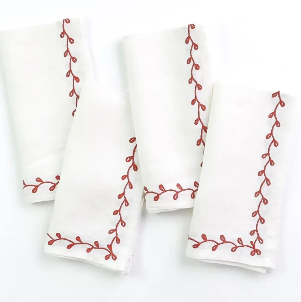 Twig & Bud Coral Embroidered Linen Napkin | Set of 4