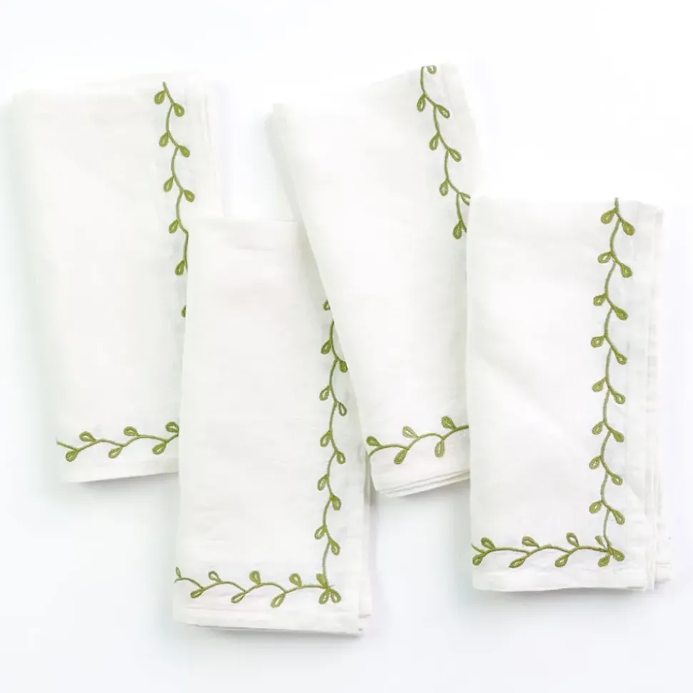 Twig & Bud Moss Embroidered Linen Napkin | Set of 4