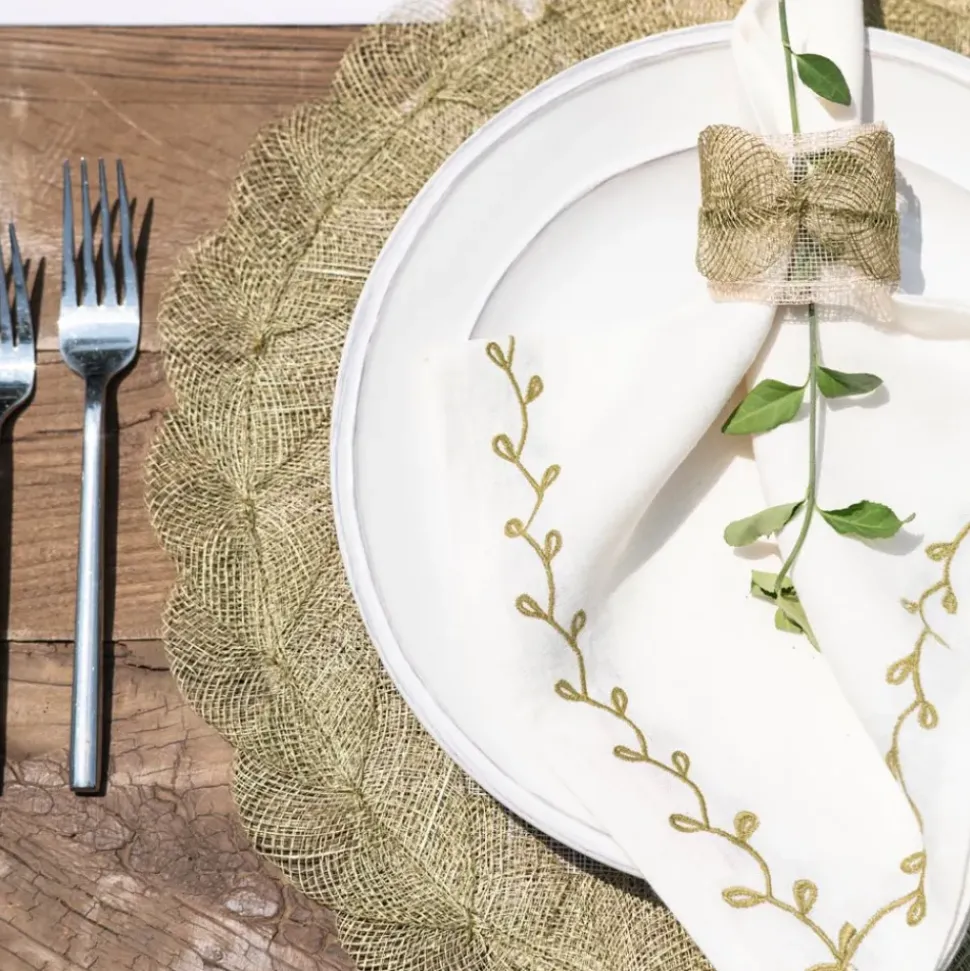 Twig & Bud Moss Embroidered Linen Napkin | Set of 4