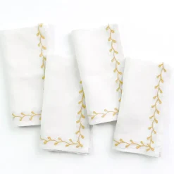 Twig & Bud Mustard Embroidered Linen Napkin | Set of 4