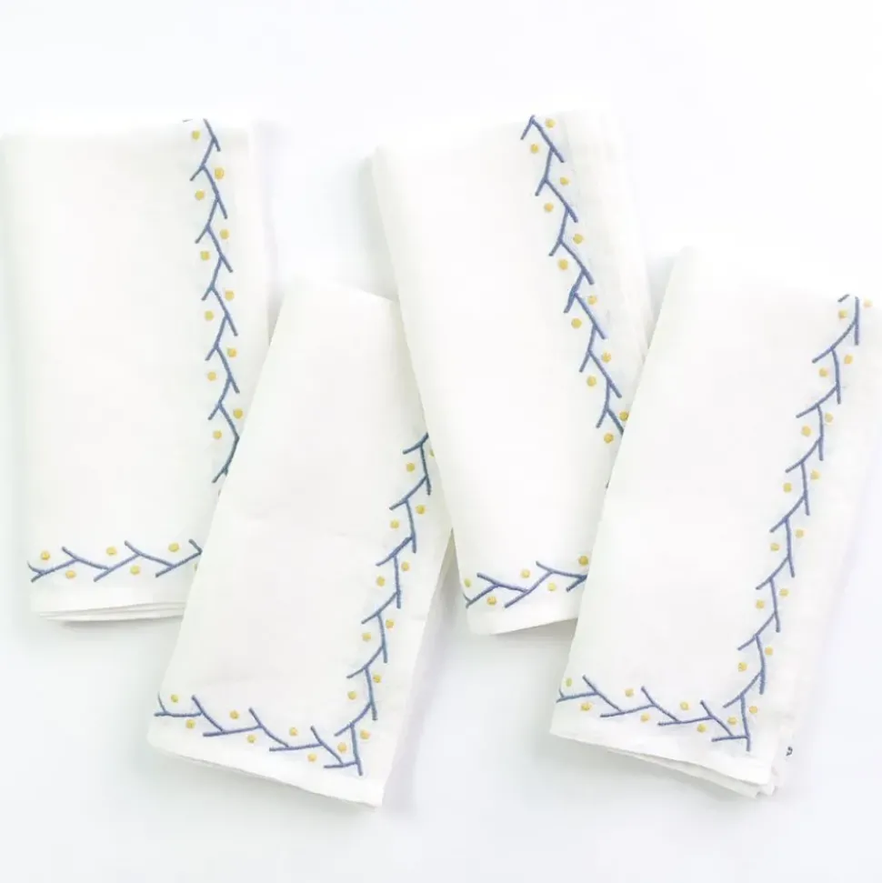 Twig & Dot Navy & Yellow Embroidered Linen Napkin | Set of 4