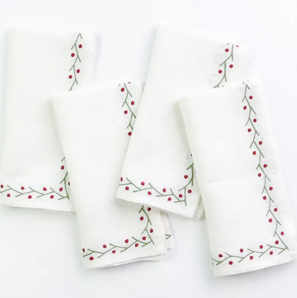 Twig & Dot Red & Green Embroidered Linen Napkin | Set of 4