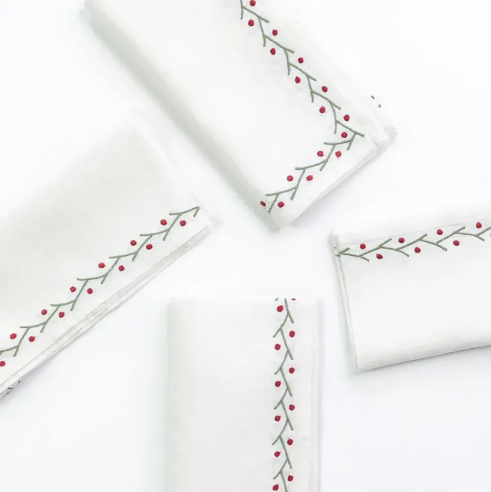 Twig & Dot Red & Green Embroidered Linen Napkin | Set of 4
