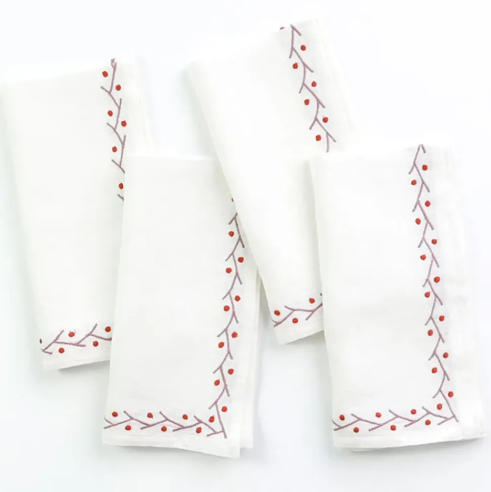 Twig & Dot Terracotta & Mauve Embroidered Linen Napkin | Set of 4