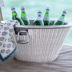 White Wicker and Aluminum Ice Bucket with Handles