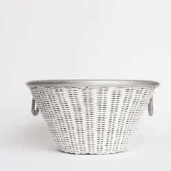 White Wicker and Aluminum Ice Bucket with Handles