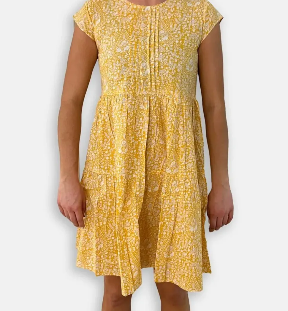 Yellow Paisley Pintuck Cap Sleeve Dress